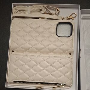 Quilted Cream iPhone Wallet Case Wristlet Strap and Crossbody Strap
